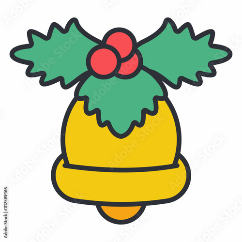 Cute Christmas bell with holly berry vector cartoon icon isolated on a white background.