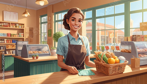 Friendly Saleswoman at Small-Town Food Serving Happy Customers in a Cozy Digital Illustration.