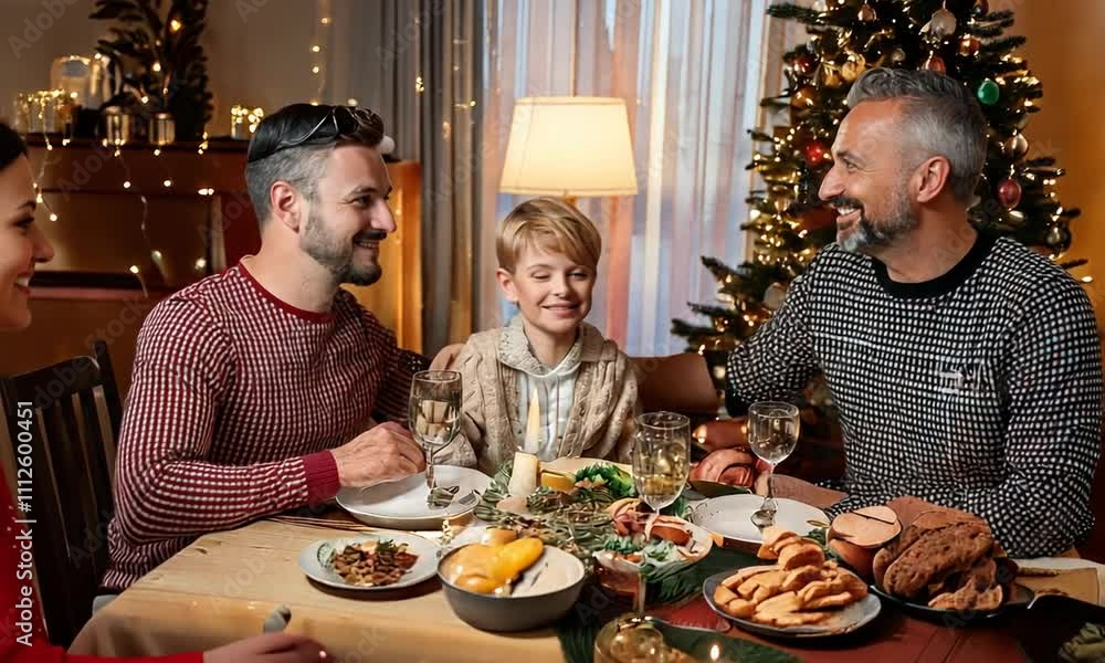 Gay family celebrate Christmas with their son, loving LGBT couple and their child Gay family celebrate Christmas with their son, loving LGBT couple and their child