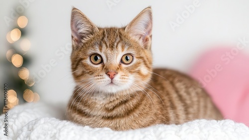 A cute, striped cat with bright eyes rests comfortably on a soft surface, showcasing its playful and curious nature.