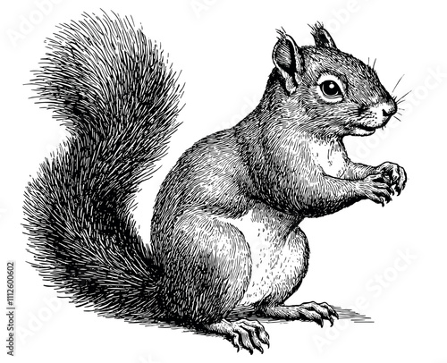 Squirrel Detailed Vintage Engraving Illustration on White Background with Intricate Texture Classic Wildlife Art Antique Style Cute Rodent Graphic Vintage Nature Design