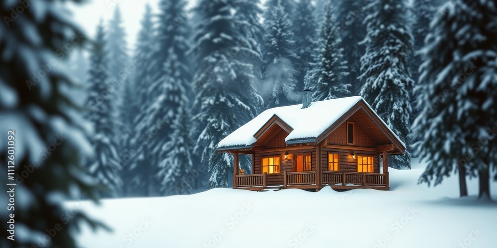 A Cozy Cabin Nestled in a Winter Wonderland, Bathed in Warm Light from Windows and Surrounded by Snow-Covered Evergreen Trees A Cozy Cabin Nestled in a Winter Wonderland, Bathed in Warm Light from Windows and Surrounded by Snow-Covered Evergreen Trees