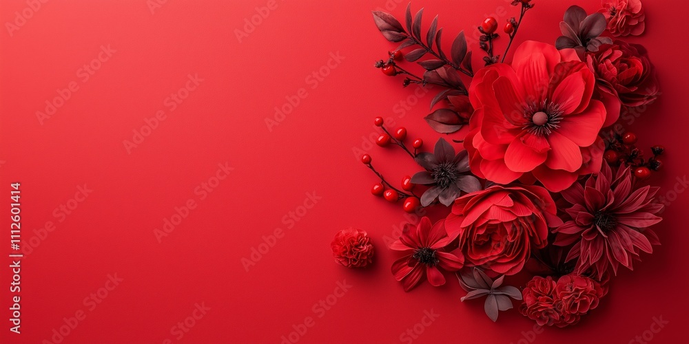 An elegant composition of red flowers against a deep background. An elegant composition of red flowers against a deep background.