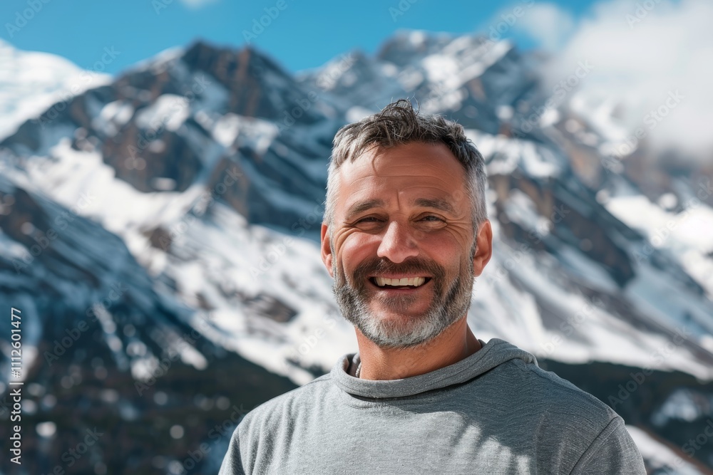 Portrait of a glad man in his 40s donning a trendy cropped top isolated on snowy mountain range Portrait of a glad man in his 40s donning a trendy cropped top isolated on snowy mountain range