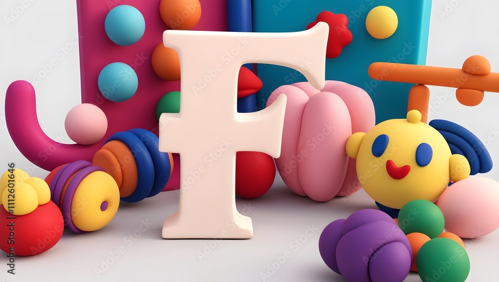 Fototapeta premium 3D Render of Letter 'F' Surrounded by Playful Colorful Objects with Stylized Clay Texture
