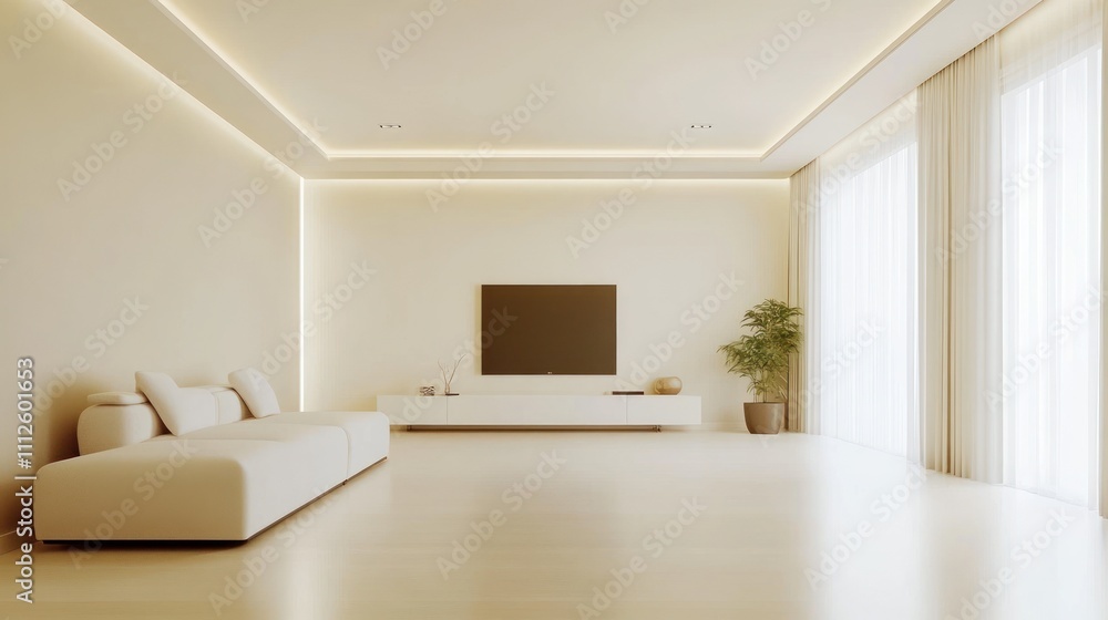 Fototapeta premium Minimal living room design with cozy white sofa