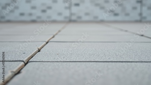 A close-up view of a textured gray tiled surface with a slight perspective shift, revealing a blurred background of an adjacent wall with visible grout lines. photo