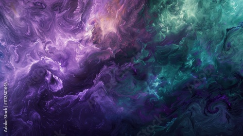 Abstract cosmic background featuring swirling nebula clouds in shades of purple and teal, creating a mesmerizing interstellar scene