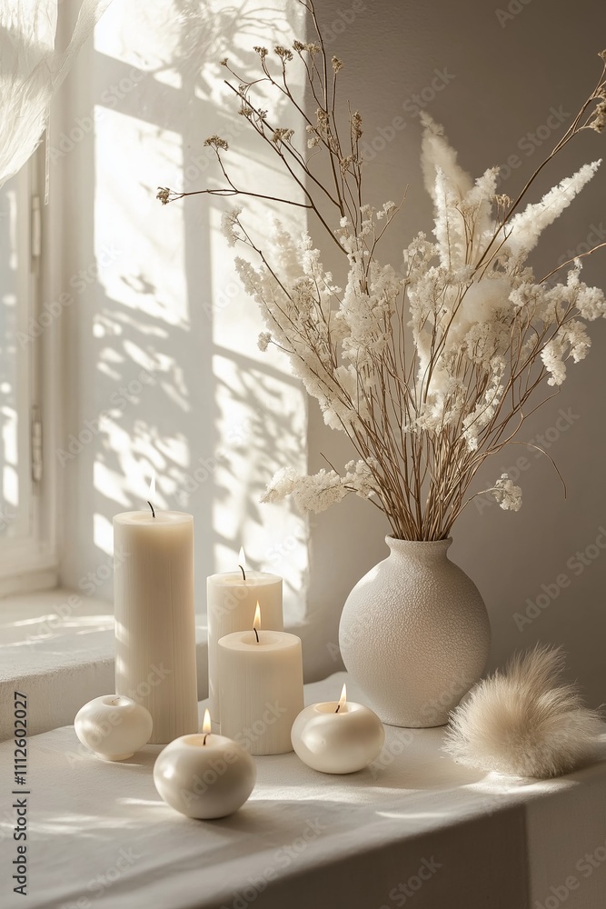An inviting scene featuring lit candles and dried flowers, perfect for creating a cozy atmosphere. An inviting scene featuring lit candles and dried flowers, perfect for creating a cozy atmosphere.