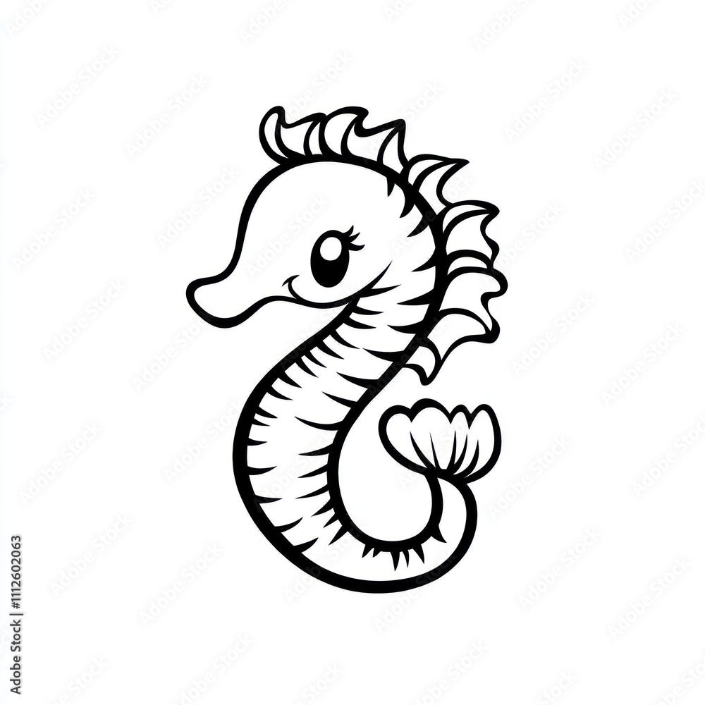 Fototapeta premium Adorable cartoon seahorse illustration, simple line art design, perfect for kids' books or patterns.