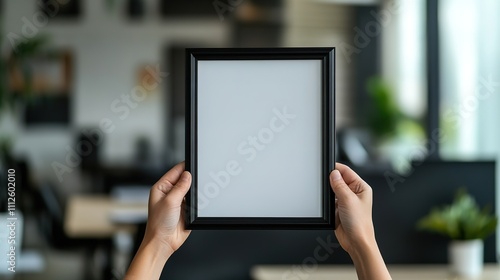 Hands holding blank frame in office setting, focus on details.