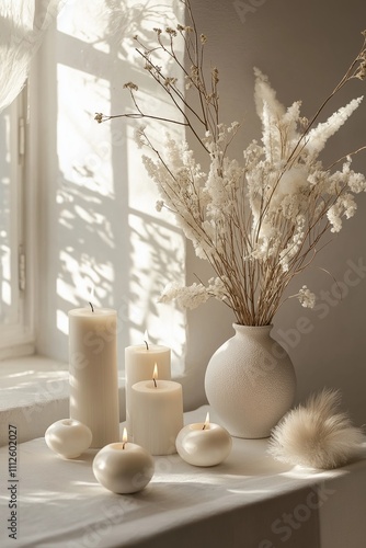 An inviting scene featuring lit candles and dried flowers, perfect for creating a cozy atmosphere.