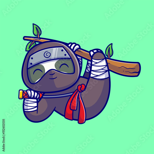 Cute Sloth Ninja Hanging On Tree With Sword Cartoon Vector 
Icon Illustration. Animal Holiday Icon Concept Isolated 
Premium Vector. Flat Cartoon Style 