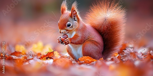 Curious Red Squirrel Foraging in Autumn Leaves