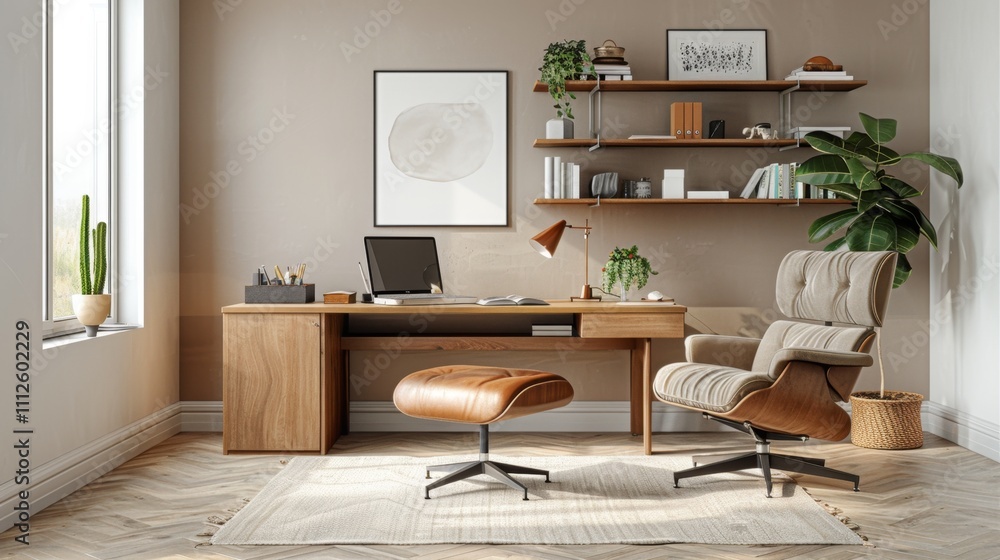 Obraz premium Minimalist Scandinavian Home Office with Light Wood Furniture and Neutral Color Scheme