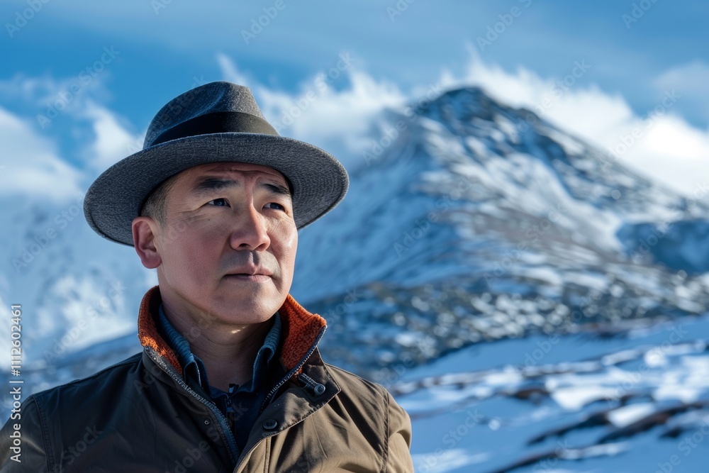 Portrait of a content asian man in his 40s donning a classic fedora in snowy mountain range Portrait of a content asian man in his 40s donning a classic fedora in snowy mountain range