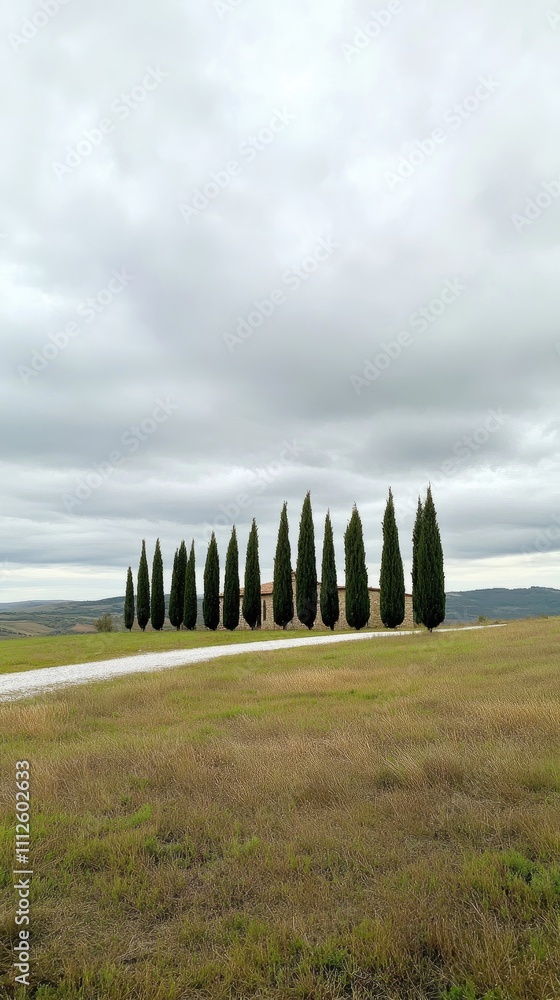 Obraz premium Cypress trees lining a tranquil Tuscan road under stormy morning skies with a rustic farmhouse in the backdrop