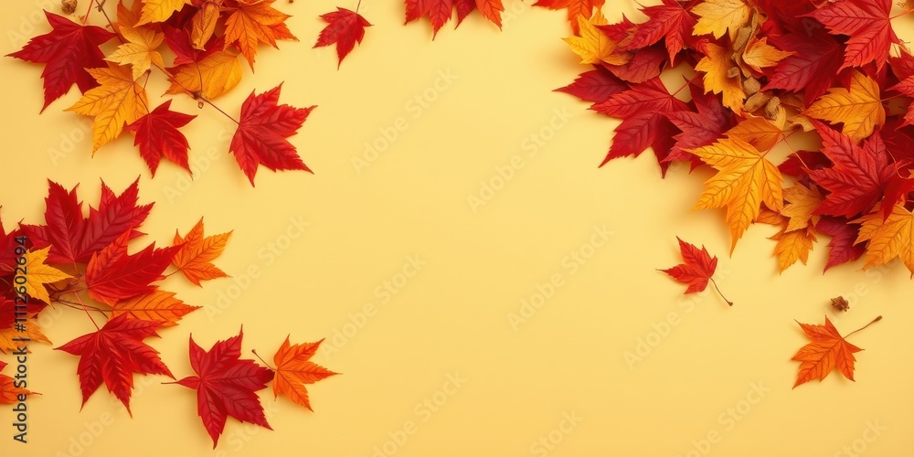 A vibrant autumnal scene with a border of red and orange maple leaves on a soft yellow background A vibrant autumnal scene with a border of red and orange maple leaves on a soft yellow background