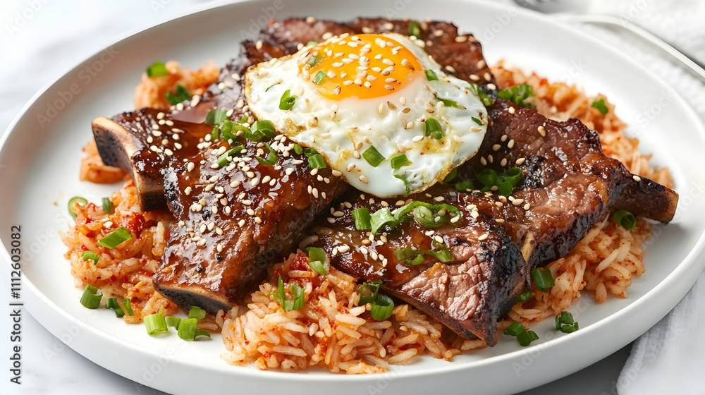 Korean Style Short Ribs with Kimchi Fried Rice and Soft Egg, Asian Main Course Photography Korean Style Short Ribs with Kimchi Fried Rice and Soft Egg, Asian Main Course Photography