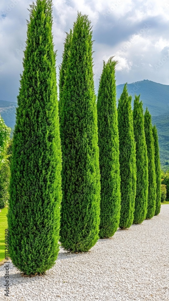Majestic cypress trees line a tranquil Tuscan road under a dramatic morning sky Majestic cypress trees line a tranquil Tuscan road under a dramatic morning sky