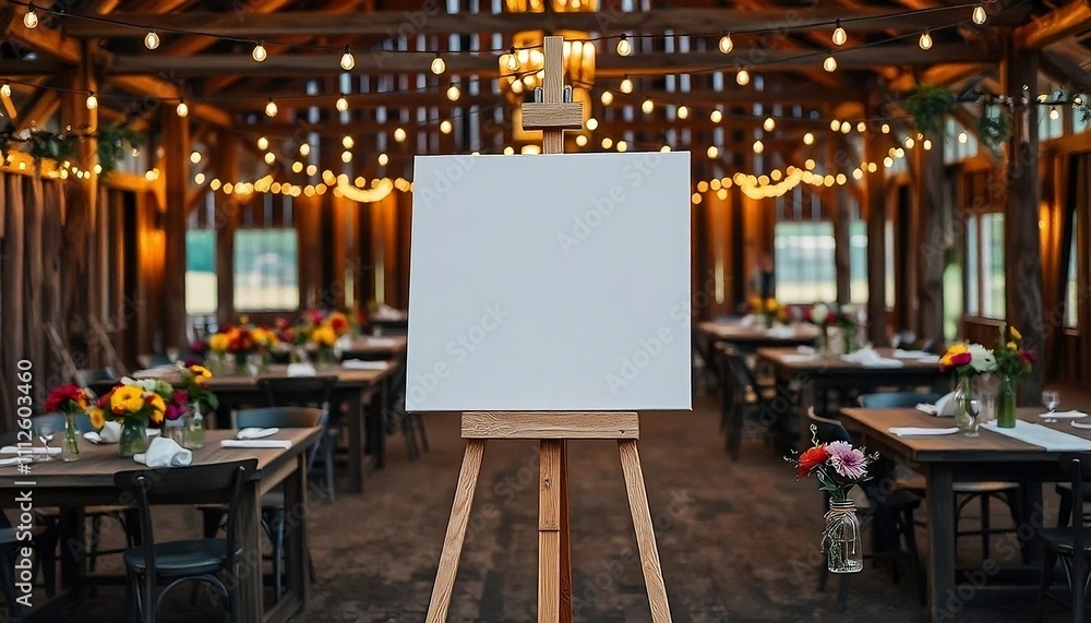 A white canvas on an easel in a rustic, floral-decorated wedding setting with string lights, created with generative ai A white canvas on an easel in a rustic, floral-decorated wedding setting with string lights, created with generative ai