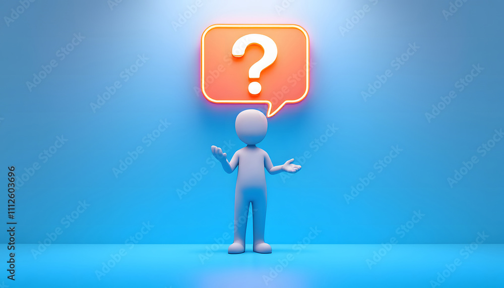 A 3D-rendered humanoid figure stands on a light blue background, gesturing toward a speech bubble with a large question mark, symbolizing curiosity or inquiry. A 3D-rendered humanoid figure stands on a light blue background, gesturing toward a speech bubble with a large question mark, symbolizing curiosity or inquiry.