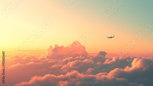 With the sun setting, a plane navigates through a cloudy sky.