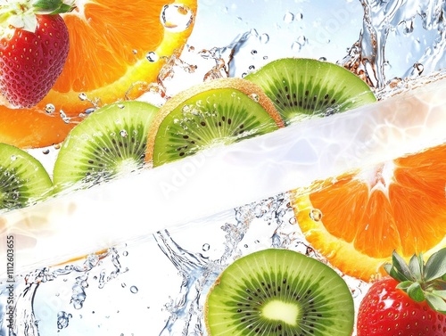 Vibrant fruits splashing with water freshness delight photo