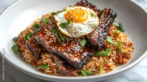 Korean Style Short Ribs with Kimchi Fried Rice and Soft Egg, Asian Main Course Photography