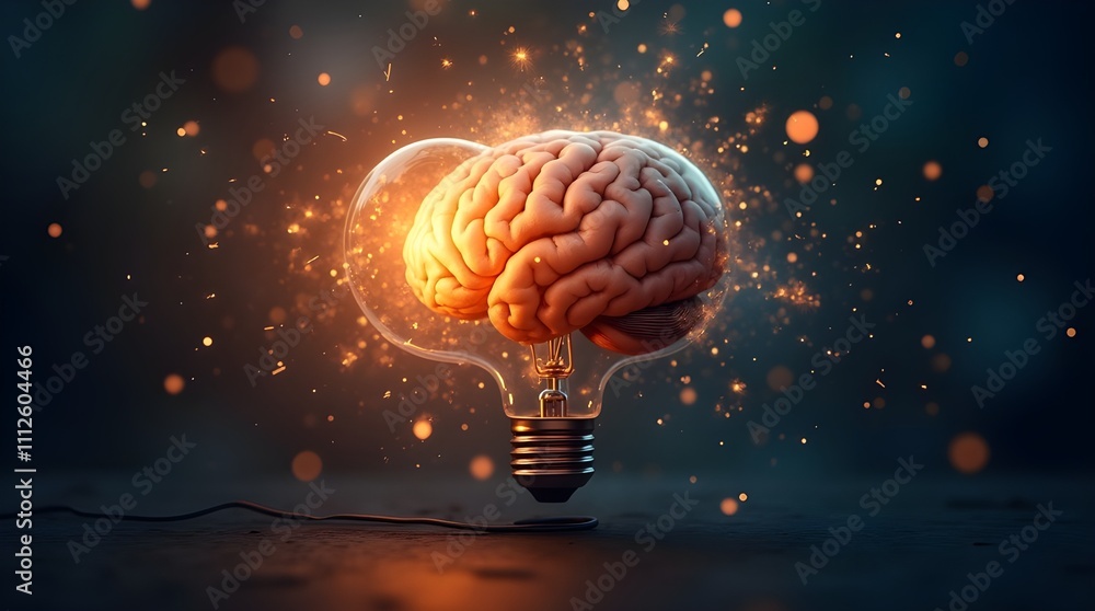Fototapeta premium Glowing brain inside a light bulb represents the power of creativity and innovative thinking. Sparks and glowing lights emphasize the concept of bright ideas and imaginative breakthroughs.
