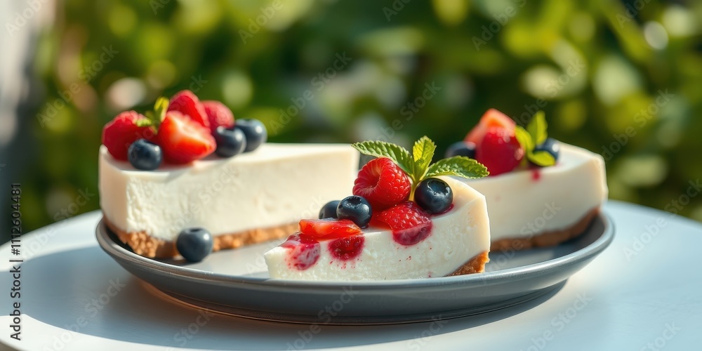 A Slice of Creamy Cheesecake Topped with Fresh Berries and a Garnish of Mint, Presented on a Stylish Grey Plate A Slice of Creamy Cheesecake Topped with Fresh Berries and a Garnish of Mint, Presented on a Stylish Grey Plate