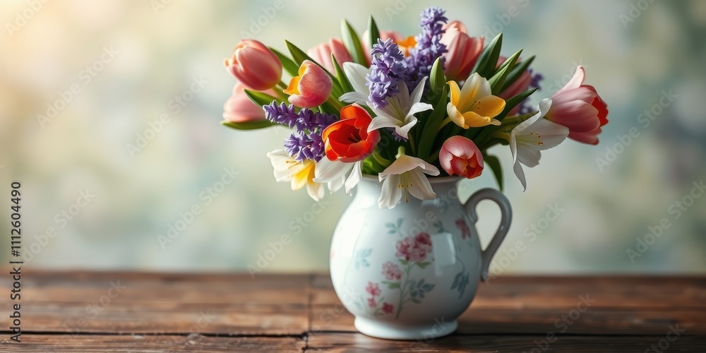 A Colorful Bouquet of Spring Flowers in a Floral Patterned Pitcher on a Rustic Wooden Table A Colorful Bouquet of Spring Flowers in a Floral Patterned Pitcher on a Rustic Wooden Table