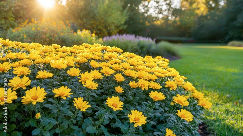 Obraz premium Bright Yellow Flowers Blooming in Vibrant Garden at Sunrise