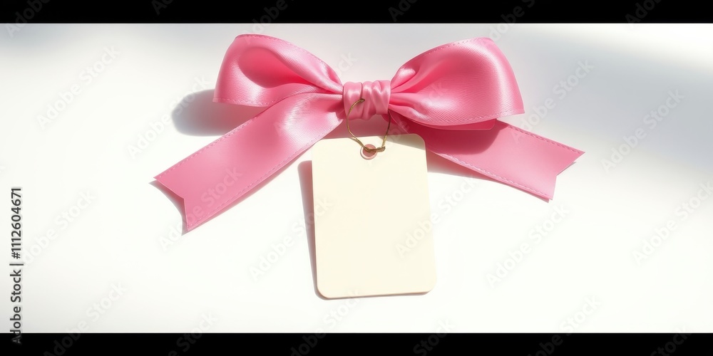 A delicate pink satin bow tied with a gold string and attached to a blank tag with a soft background A delicate pink satin bow tied with a gold string and attached to a blank tag with a soft background
