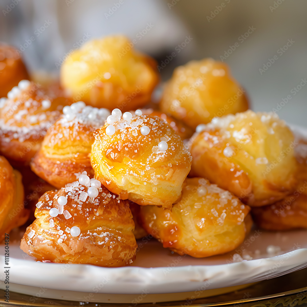 french pastry photography, a detailed k image of golden chouquettes on a white plate, showcasing their fluffy texture, sugar crystals, and warm ambiance french pastry photography, a detailed k image of golden chouquettes on a white plate, showcasing their fluffy texture, sugar crystals, and warm ambiance