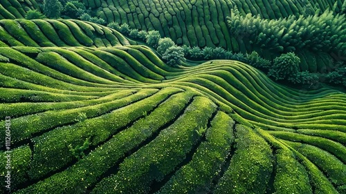 Lush green tea plantations create stunning patterns on rolling hills in serene landscape