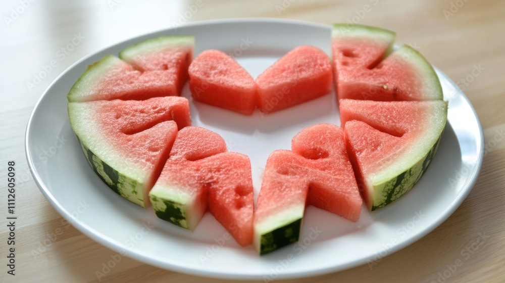 Heart-Shaped Watermelon Slices Arranged on a White Plate Heart-Shaped Watermelon Slices Arranged on a White Plate