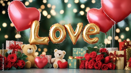 Festive love and teddy bears amidst floral decor.