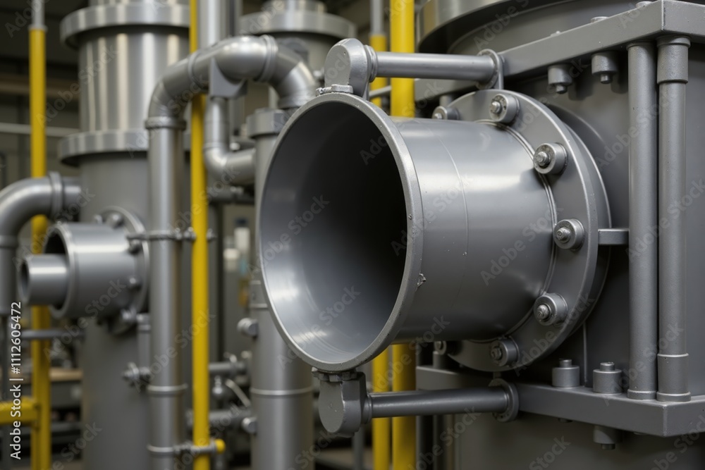 Industrial piping system with metal valves and yellow safety rails in modern factory. Industrial piping system with metal valves and yellow safety rails in modern factory.