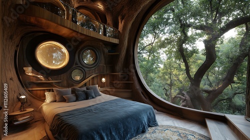 Enchanting Treehouse Nestled Within Majestic Ancient Oak Tree in Fairytale Inspired Forest Sanctuary  photo