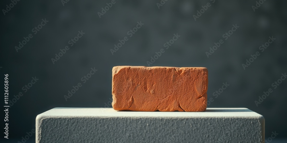 Obraz premium A solitary red brick rests atop a smooth, grey concrete surface, highlighting the juxtaposition of texture and color.