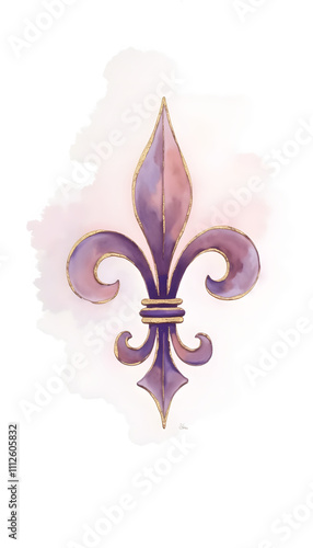 Watercolor illustration of a delicate fleur-de-lis painted in pastel shades of gold and purple, blending into a textured white background