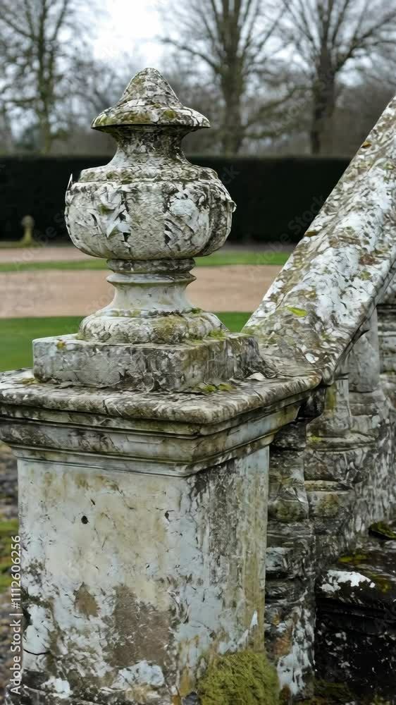 Weathered stone balustrade highlights the beauty of an extensive garden in early spring