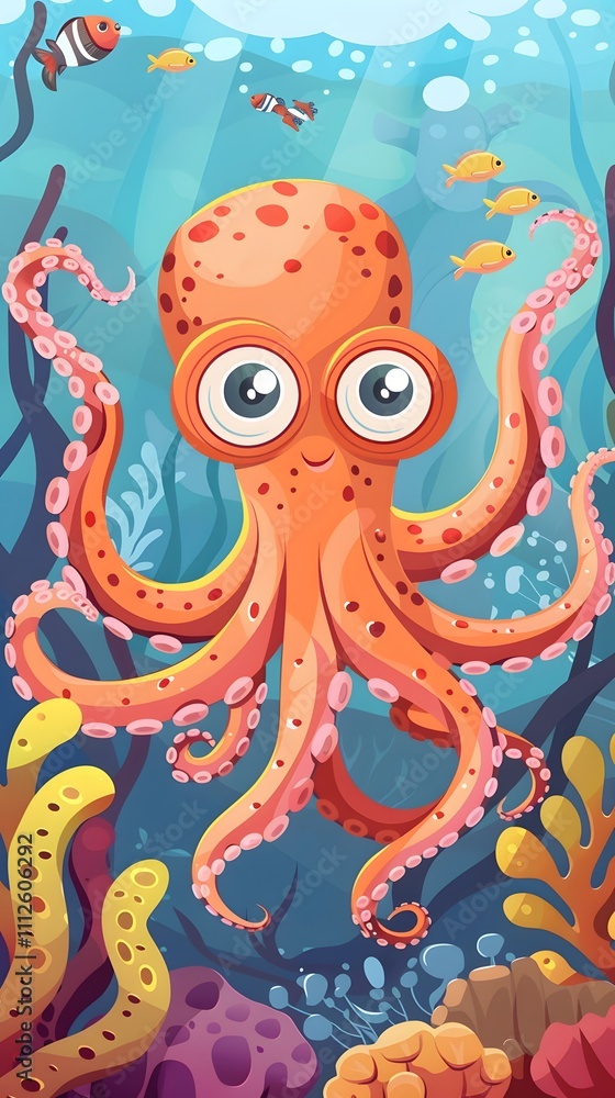 Obraz premium Octopus and beautiful underwater scenery, Underwater Scene with Incredible Commotion of an Octopus