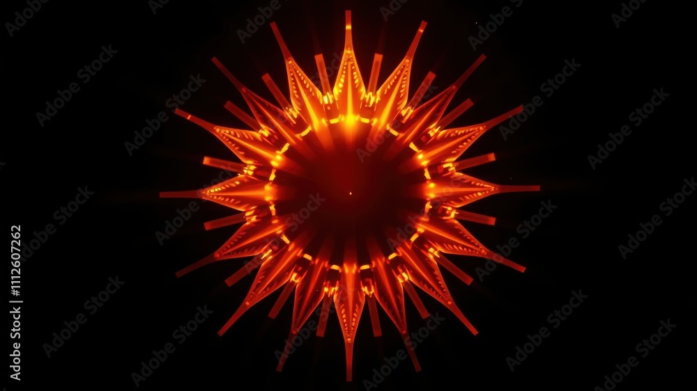 Abstract orange light emanating from a starburst shape with radiating lines and a glowing center against a black background. Abstract orange light emanating from a starburst shape with radiating lines and a glowing center against a black background.
