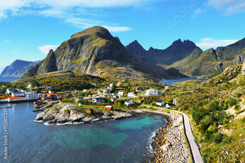 Lofoten Islands, fishing village, A i called. Scenic mountain coastal landscape. Norway