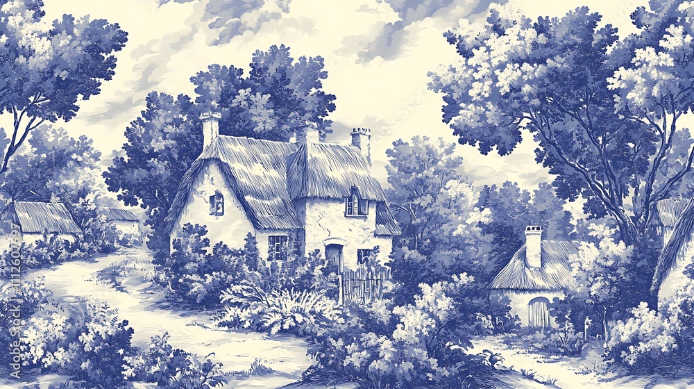 custom made wallpaper toronto digitalSeamless Toile de Jouy Pattern with Thatched Cottages among Rolling Vineyards 