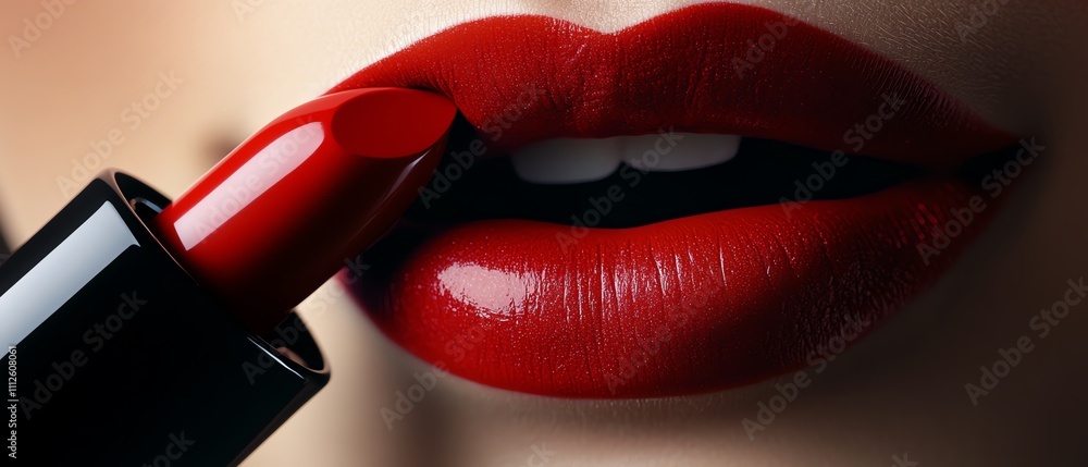 Obraz premium Vibrant red lipstick on beautiful lips.