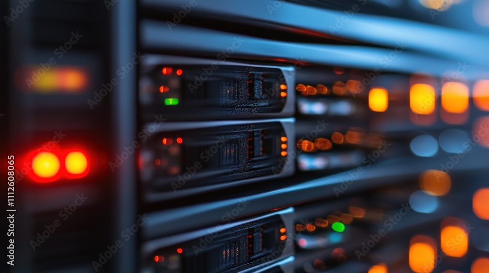 Close-up view of server hardware with illuminated indicators. Close-up view of server hardware with illuminated indicators.