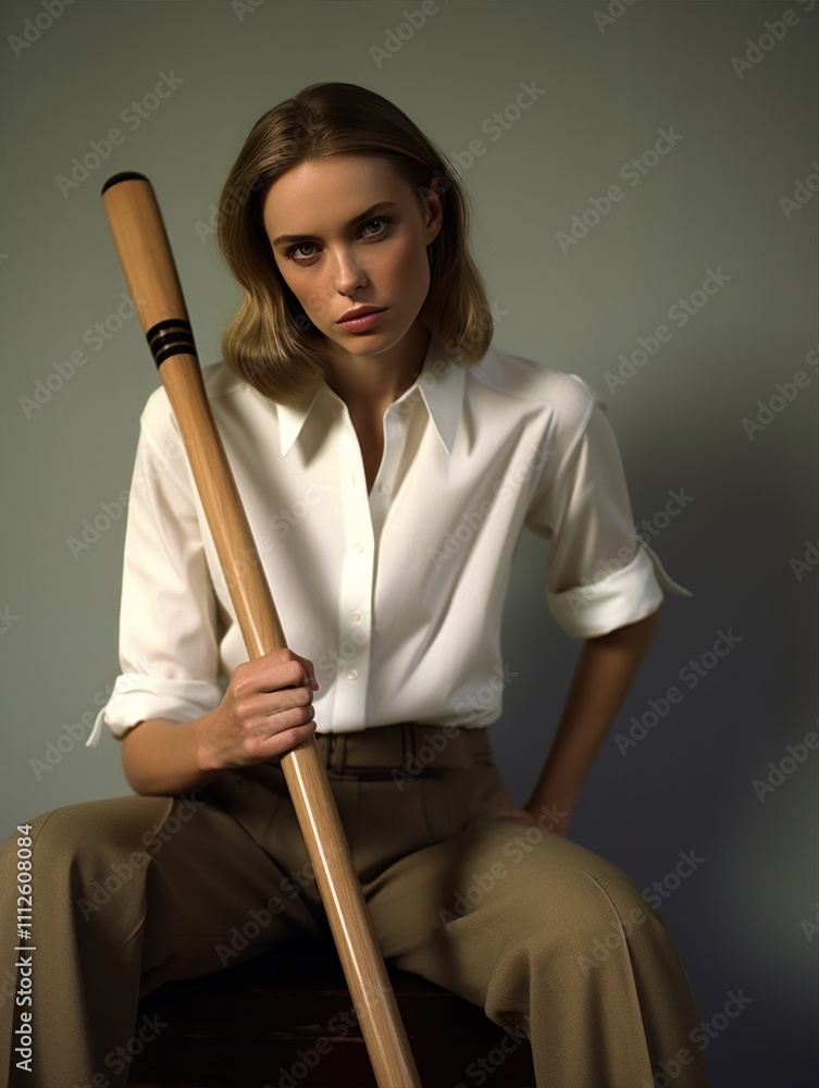 Confident businesswoman posing in studio with a baseball bat, representing strength, power, and determination in the corporate world Confident businesswoman posing in studio with a baseball bat, representing strength, power, and determination in the corporate world